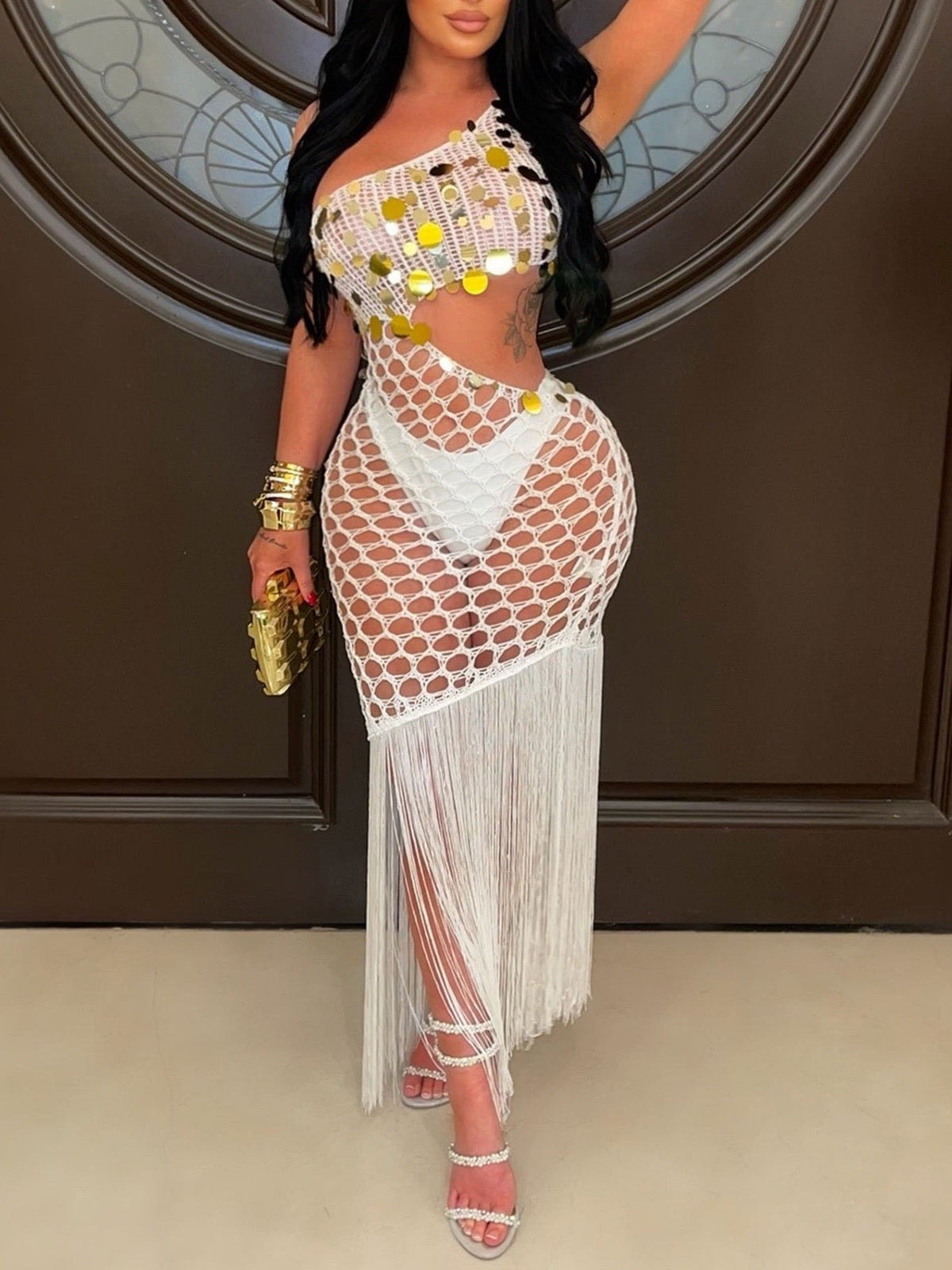 One Shoulder Crochet Fringe Sequin Beach Dress