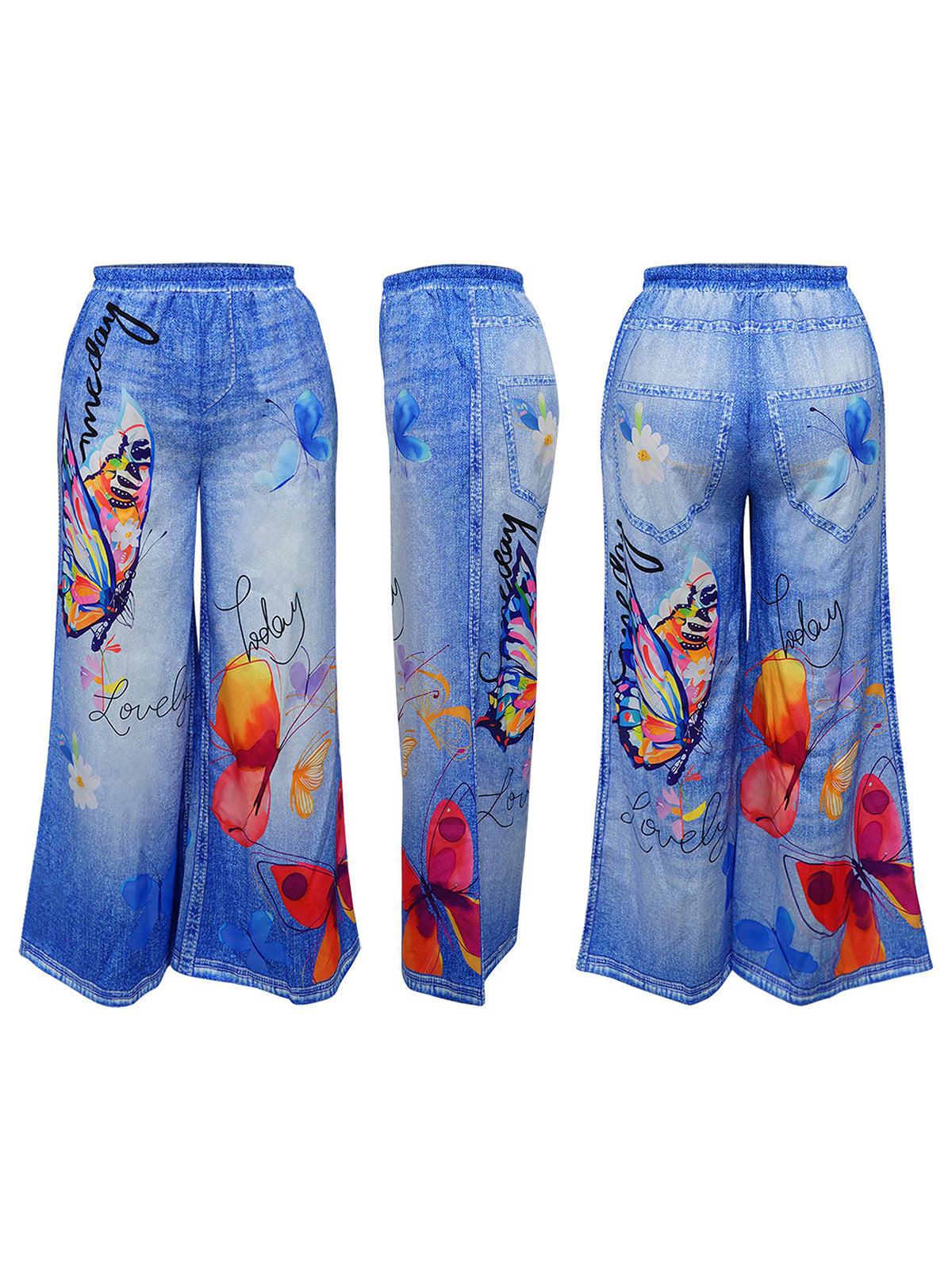 Floral Butterfly Print Wide Leg Jeans