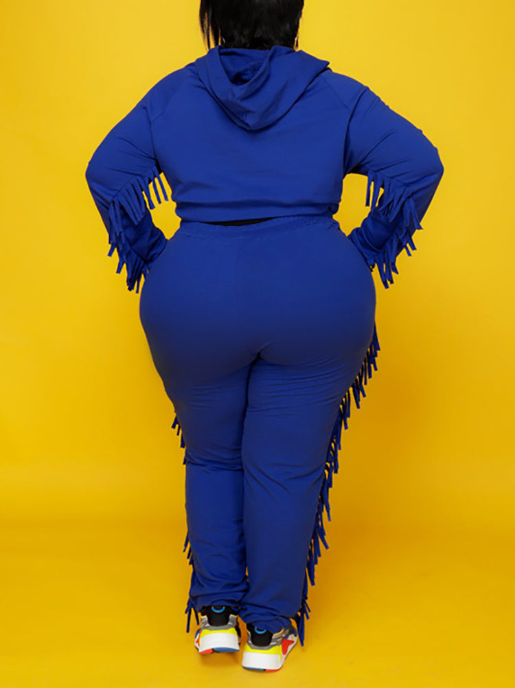 Two Pieces Plus Size Fringe Hooded Tracksuit