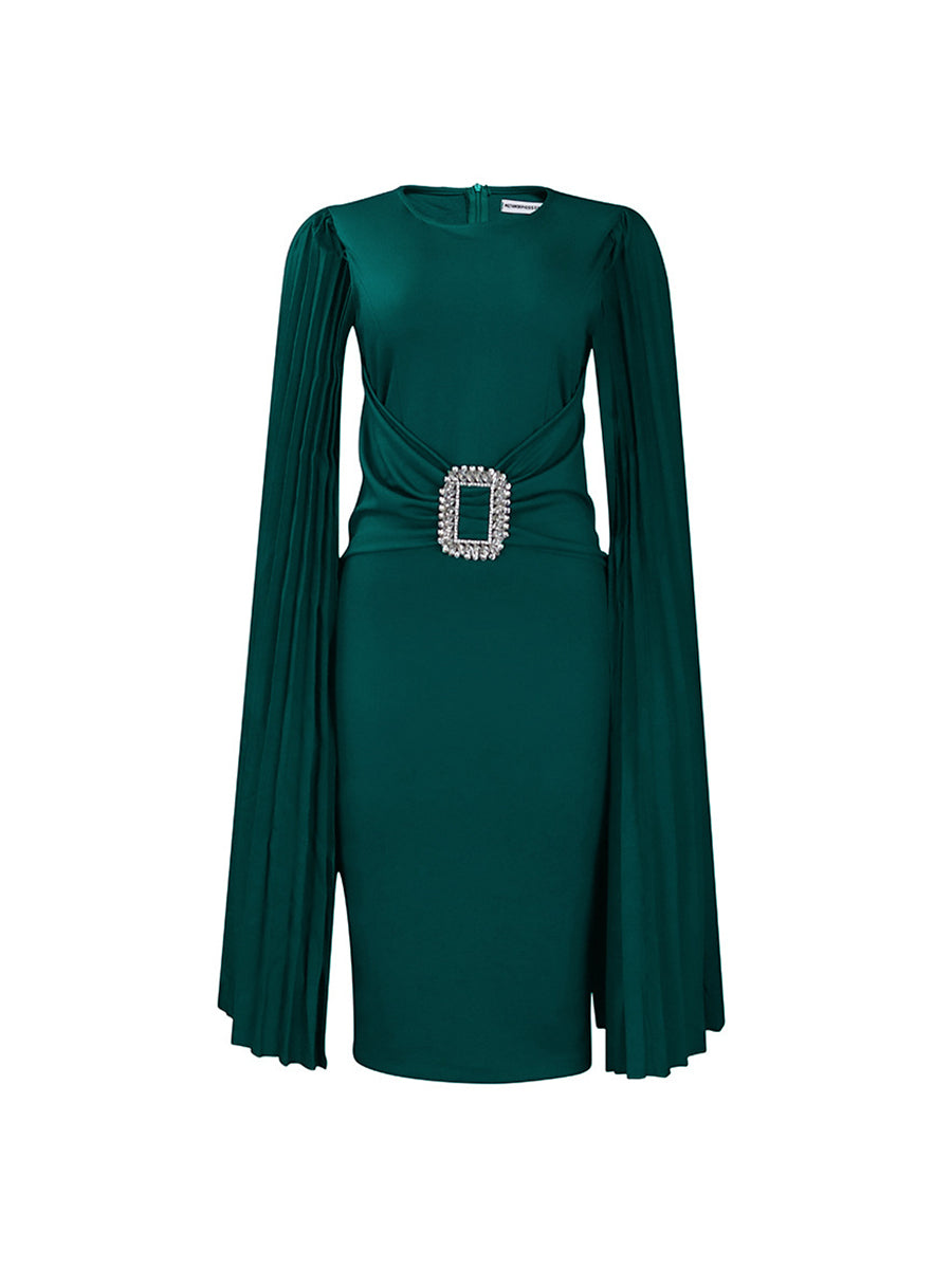 Pleated Cape Sleeve Midi Dress