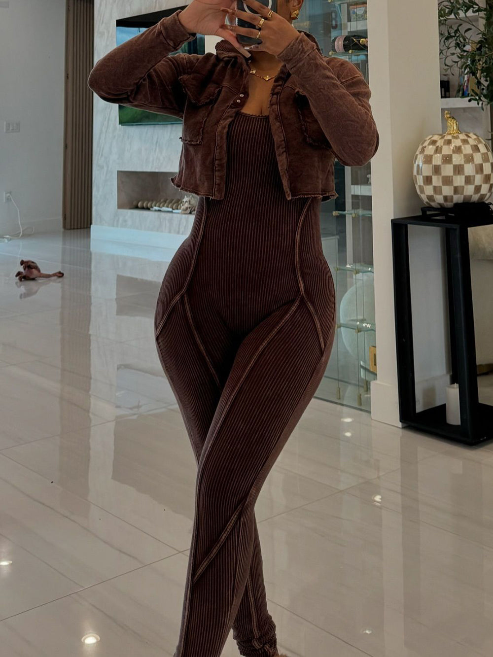 Two Pieces Crop Jacket Jumpsuit Set