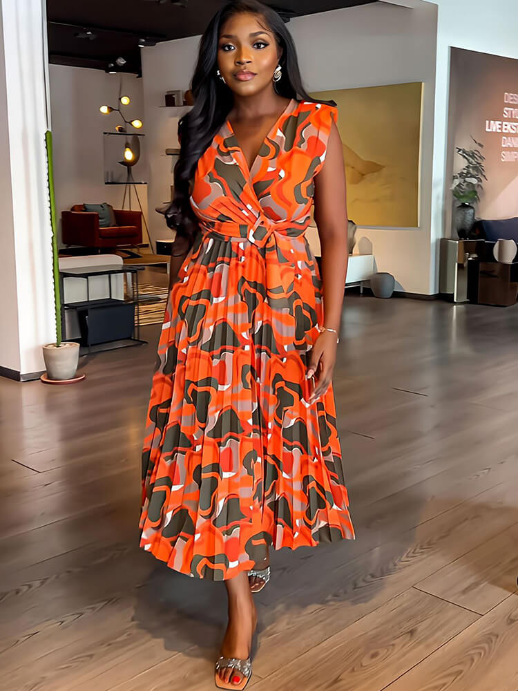 Sleeveless Printed Pleated Bodycon Maxi Dress