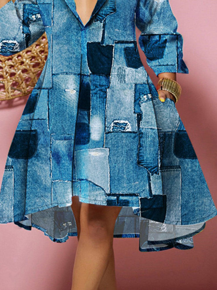 Long Sleeves V Neck Print Midi Dress