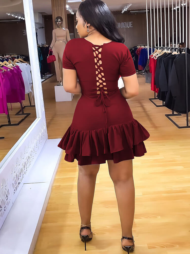 Short Sleeve Criss Cross Ruffle Mini Dress