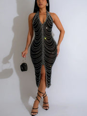 Rhinestone Halter Neck Mesh Dress