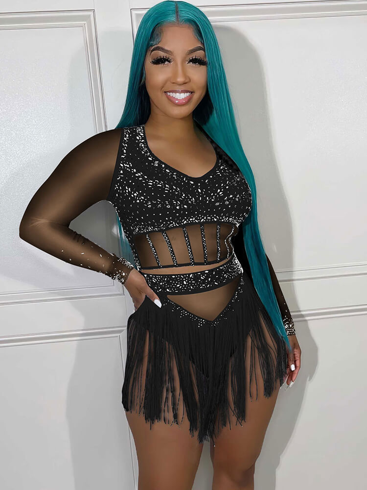 Mesh Long Sleeve Rhinestone Top Tassel Skirts