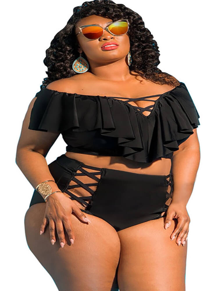 Two Piece Off Shoulder Print Swimsuit