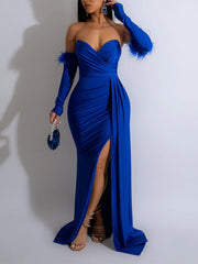 Off Shoulder Pleated Feather Slit Dress