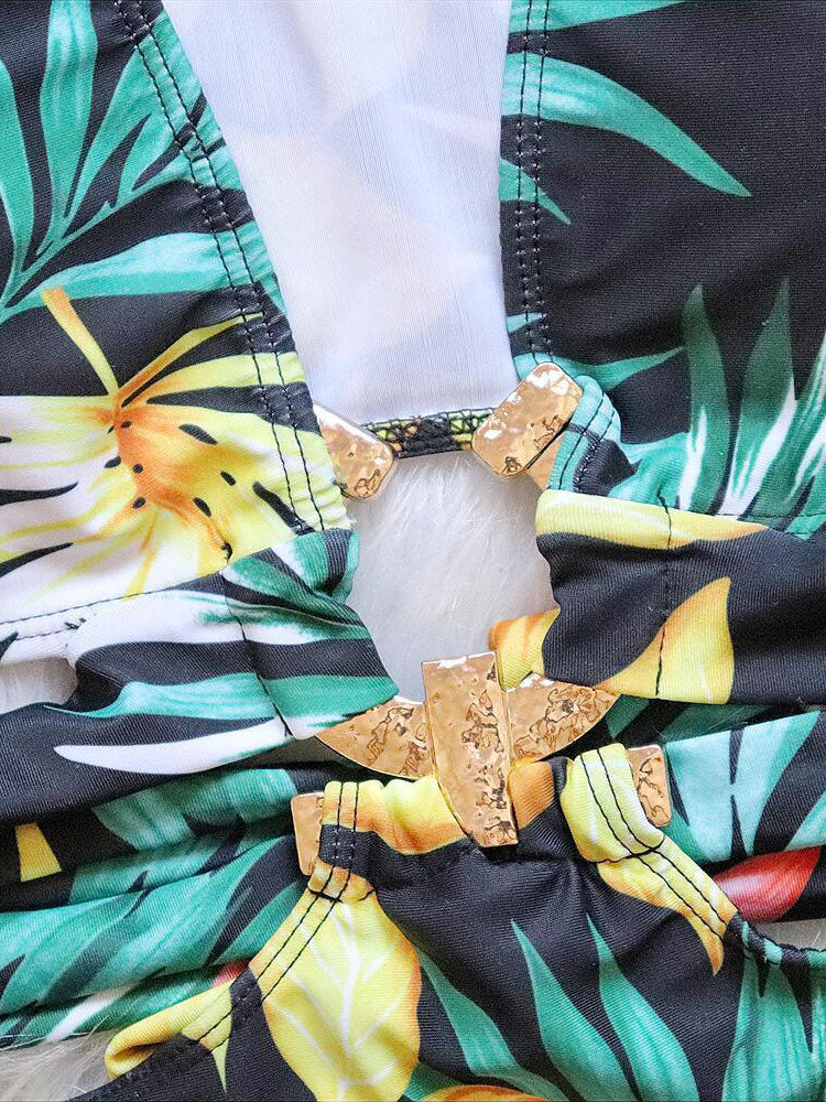 Sleeveless Backless Leaf Print Swimsuit