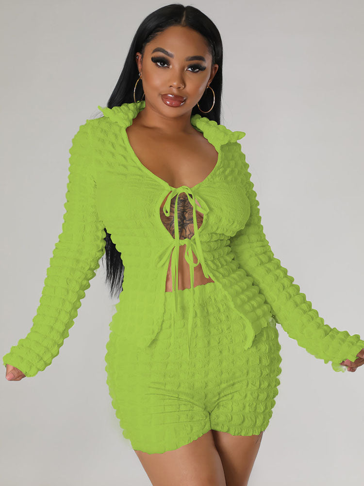 Two Piece Bubble Tie Up Crop Top Shorts