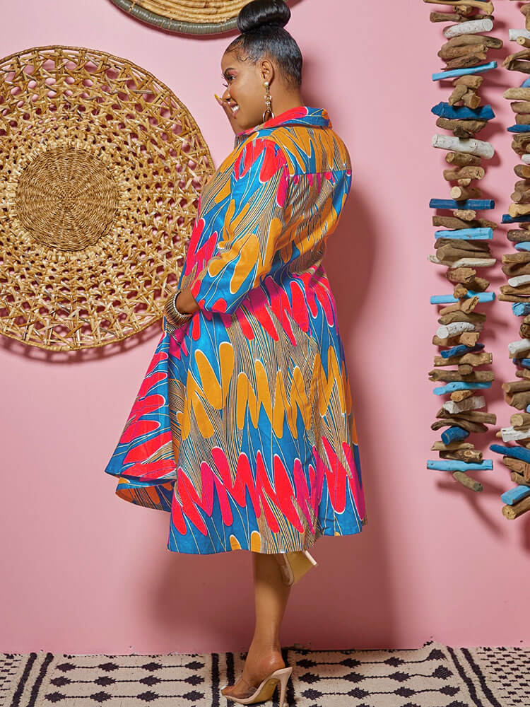 Long Sleeves Figure Print Midi Shirt Dress