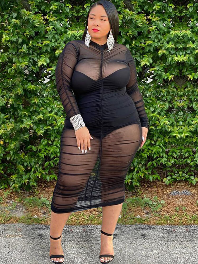 Plus Size Mesh Patchwork Long Sleeve Midi Dress