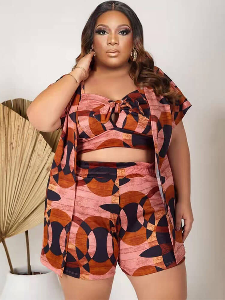 Three Piece Short Sleeve Floral Print shorts Set