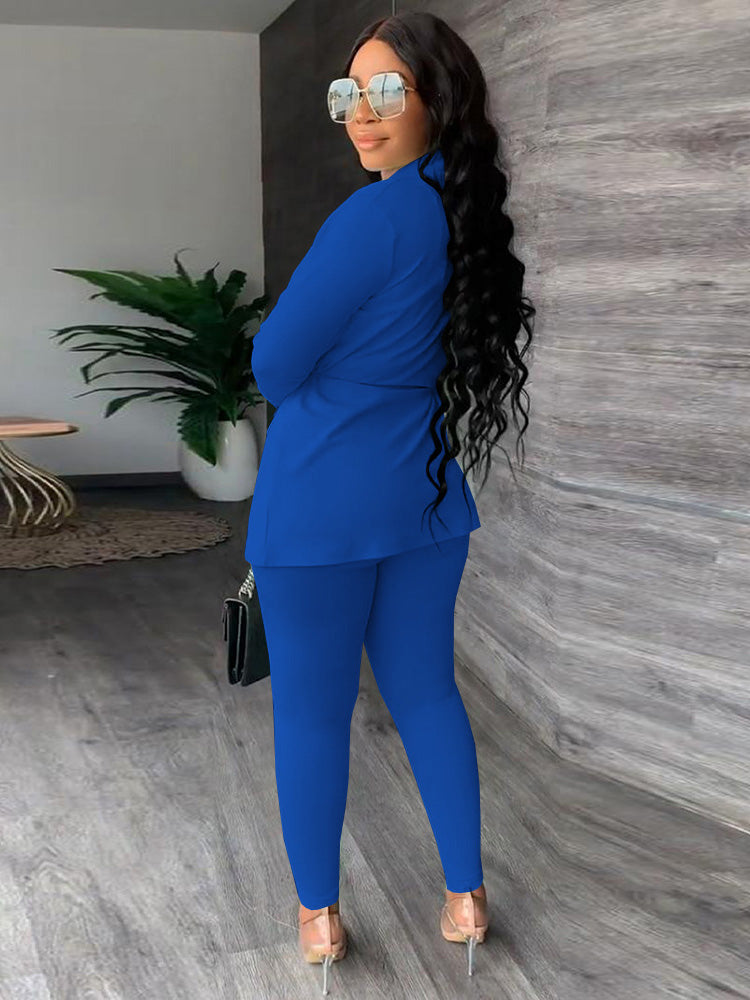 Two Piece Drawstring Blazer Bodycon Long Pants