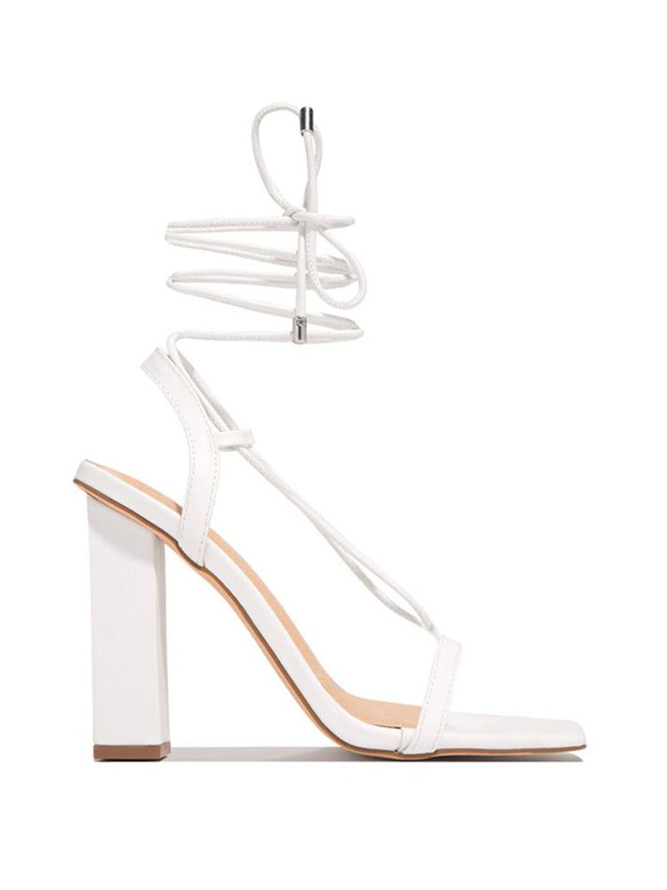 Solid Color Lace-Up Heeled Sandals