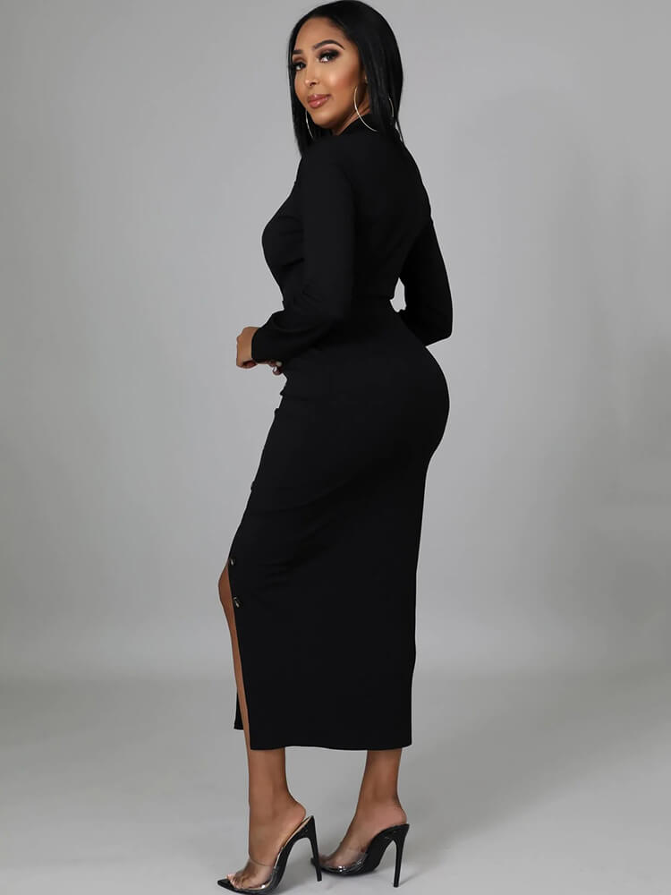 Long Sleeve V Neck Split Midi Dress