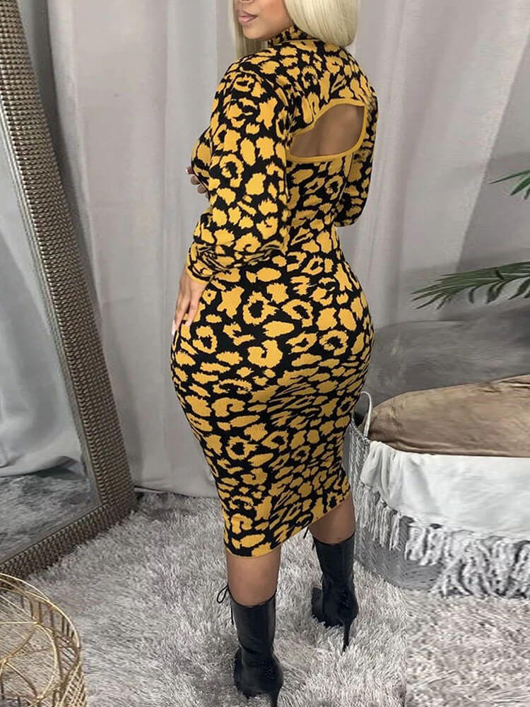 Long Sleeves Leopard Primt Midi Dress