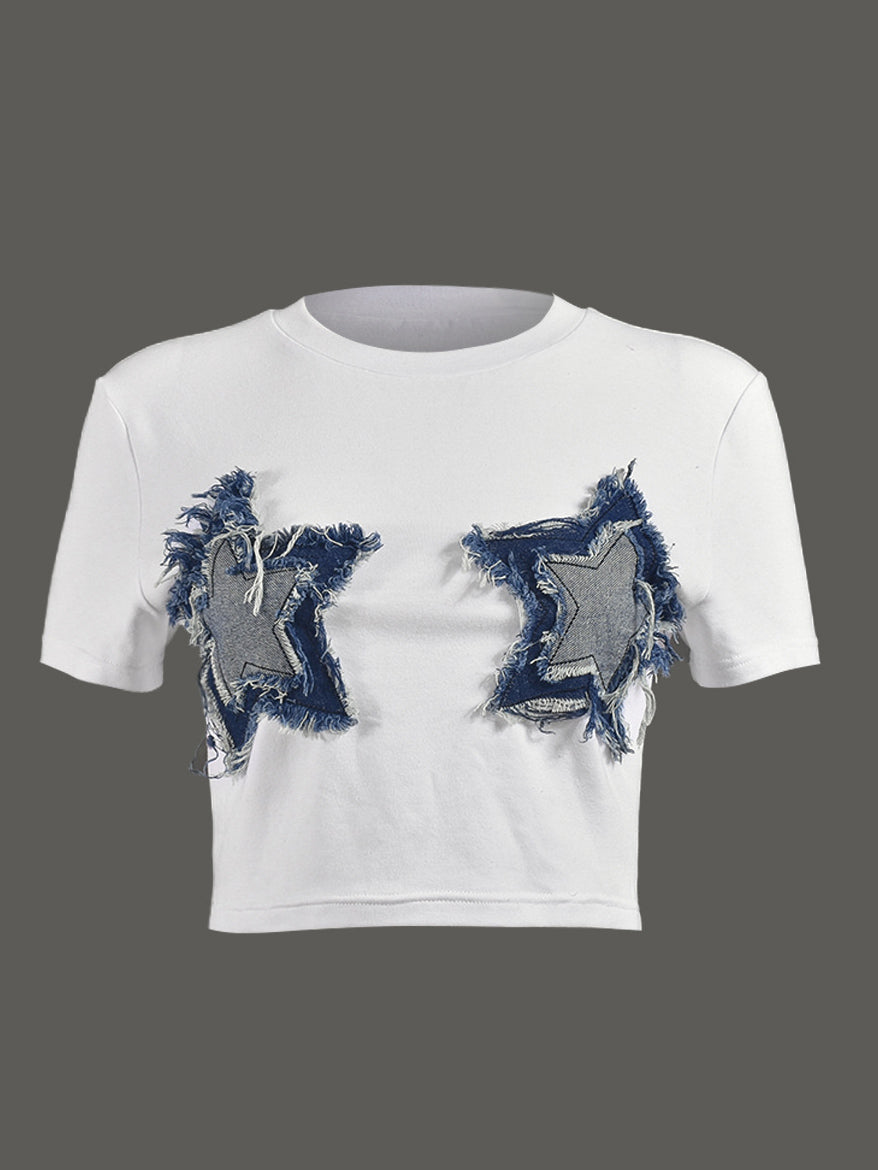 Patchwork Star Cropped Round Neck T-Shirt