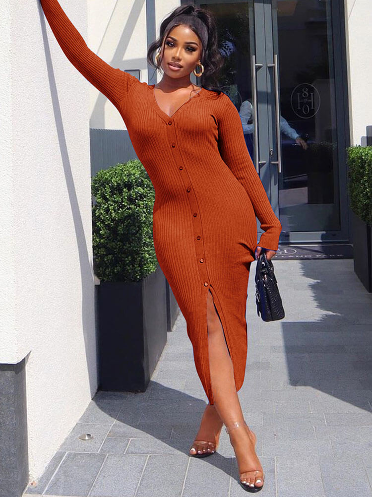 Ribbed Knitted Split Bodycon Midi Dress