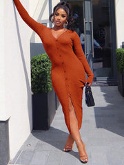 Ribbed Knitted Split Bodycon Midi Dress