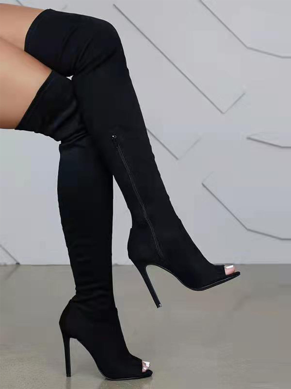 Open-Toe Side Zipper Suede Knee-High Boots