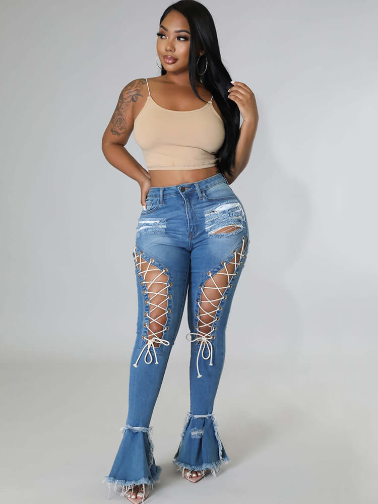 Denim Criss Cross Ripped Bodycon Flare Jeans