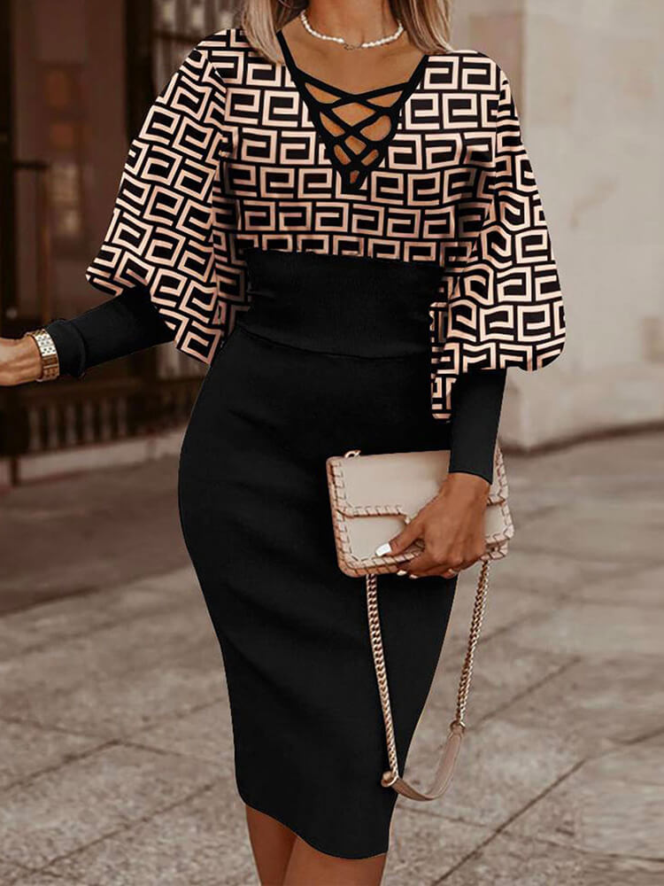 Long Lantern Sleeve Printed Midi Dress