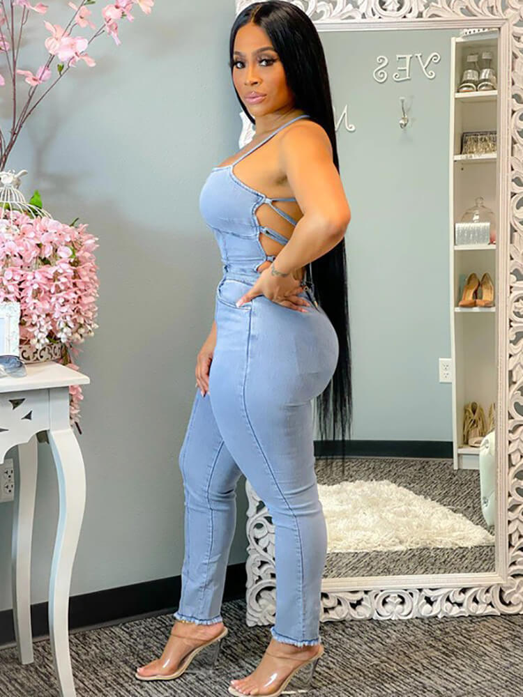 Halter Lace-Up Denim Jumpsuit