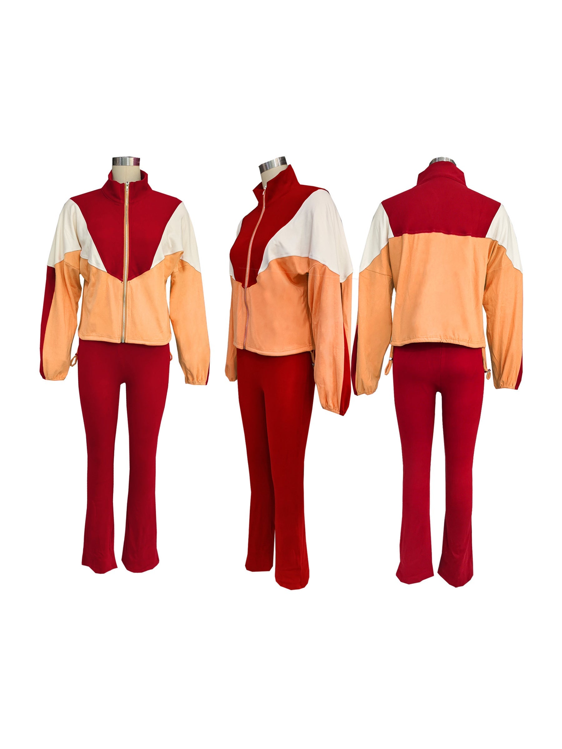 Color Block Zipper Cardigan and Tights Sports Set