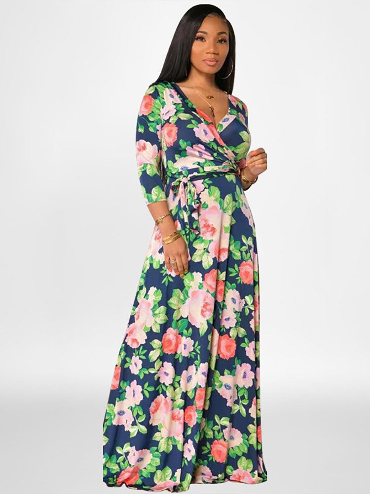 Plus Size Long Sleeves Floral Print Maxi Dress