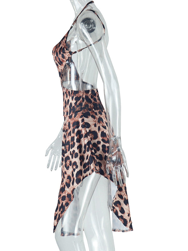 Asymmetrical Leopard Halter Neck Dress