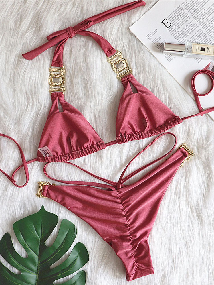 Two Piece Rhinestone Halter Bikini Swimsuit