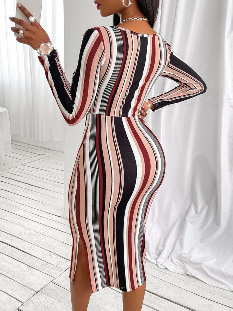 Striped Print Long Sleeve Midi Dress