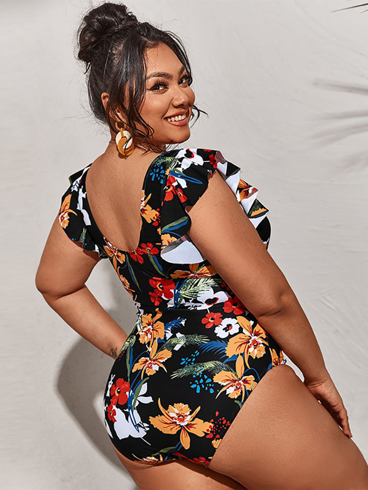 Plus Size Sleeveless Ruffle Floral Print Swimsuit