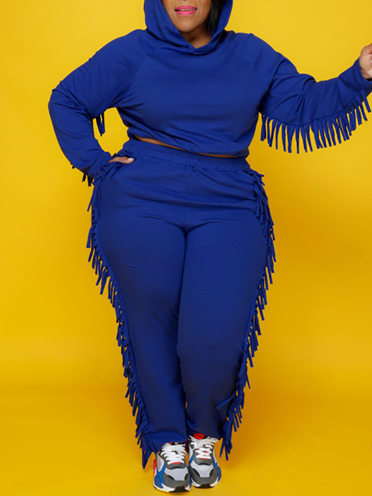 Two Pieces Plus Size Fringe Hooded Tracksuit