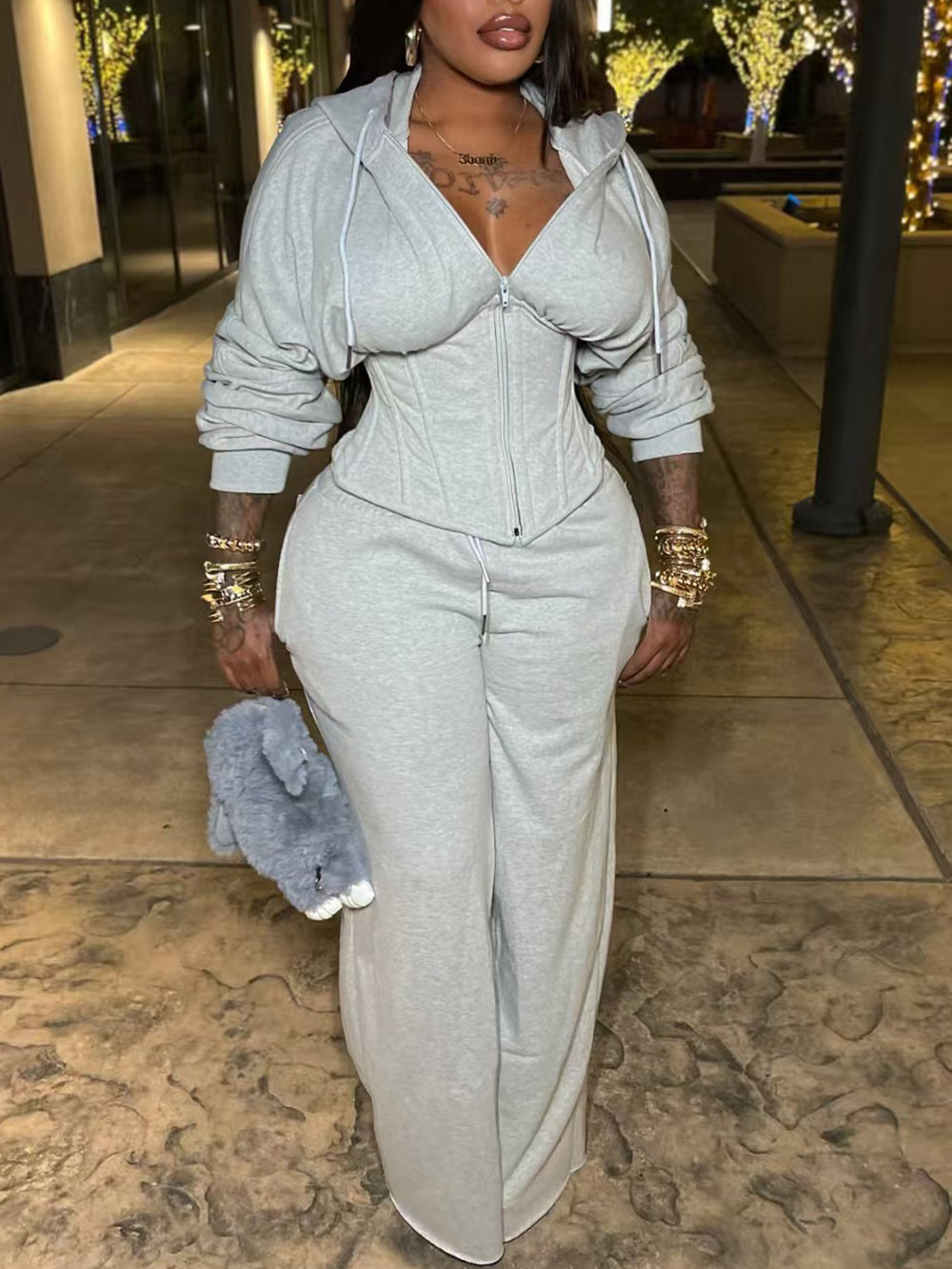 Zip-Up Hoodie Corset Waist Pants Set