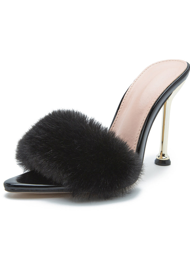 Faux Rabbit Fur Stiletto High Heel Sandals
