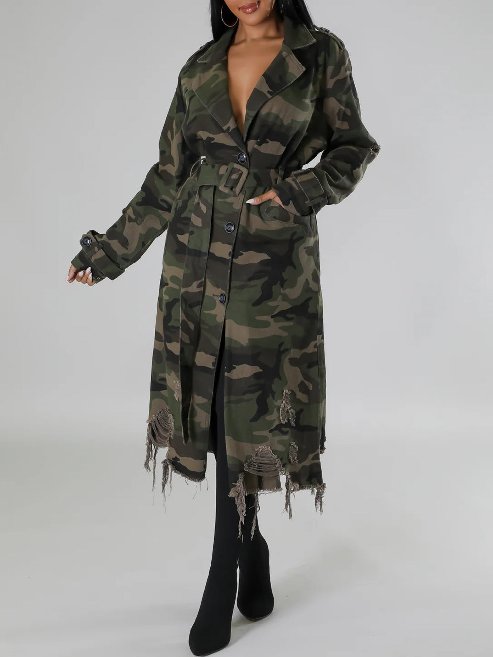 Distressed Camouflage Trench Coat