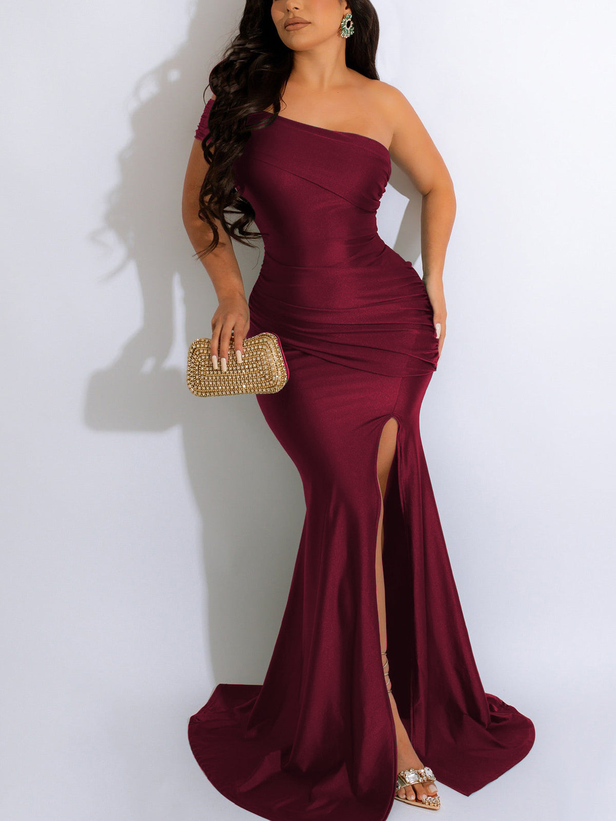 One-Shoulder Ruched Slit Mermaid Maxi Dress