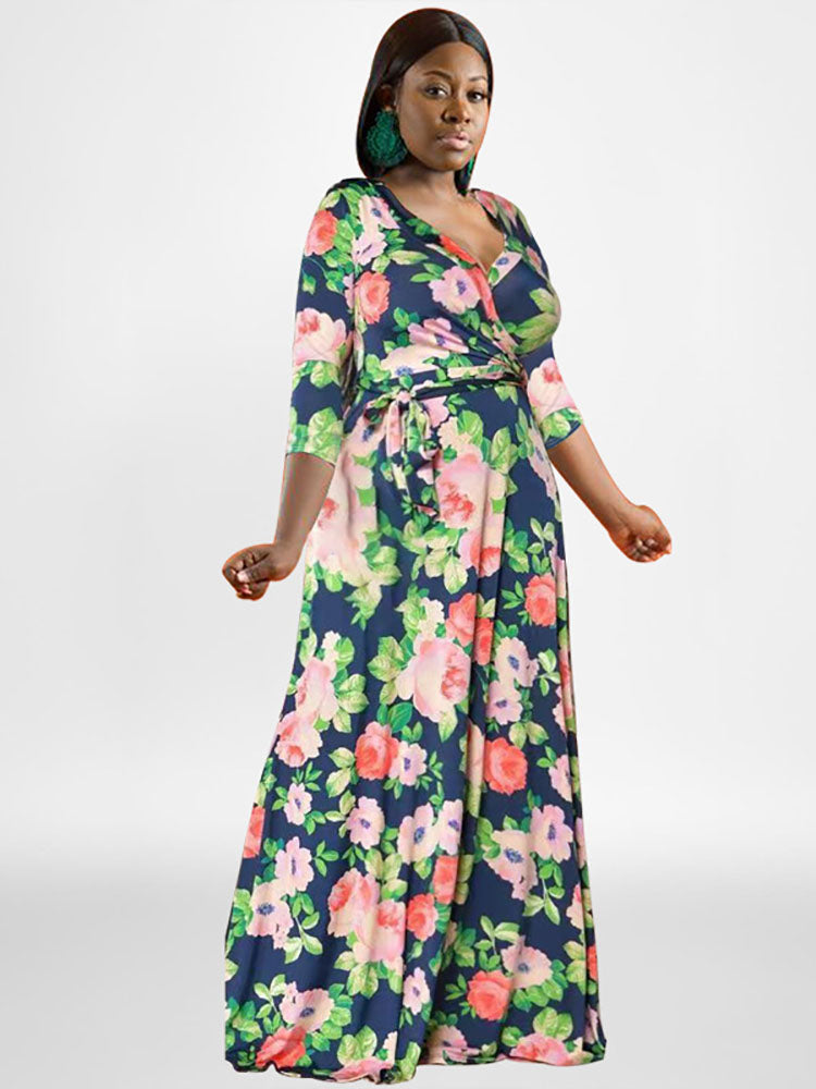 Plus Size Long Sleeves Floral Print Maxi Dress