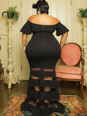 Off Shoulder Mesh Patchwork Bodycon Maxi Dress