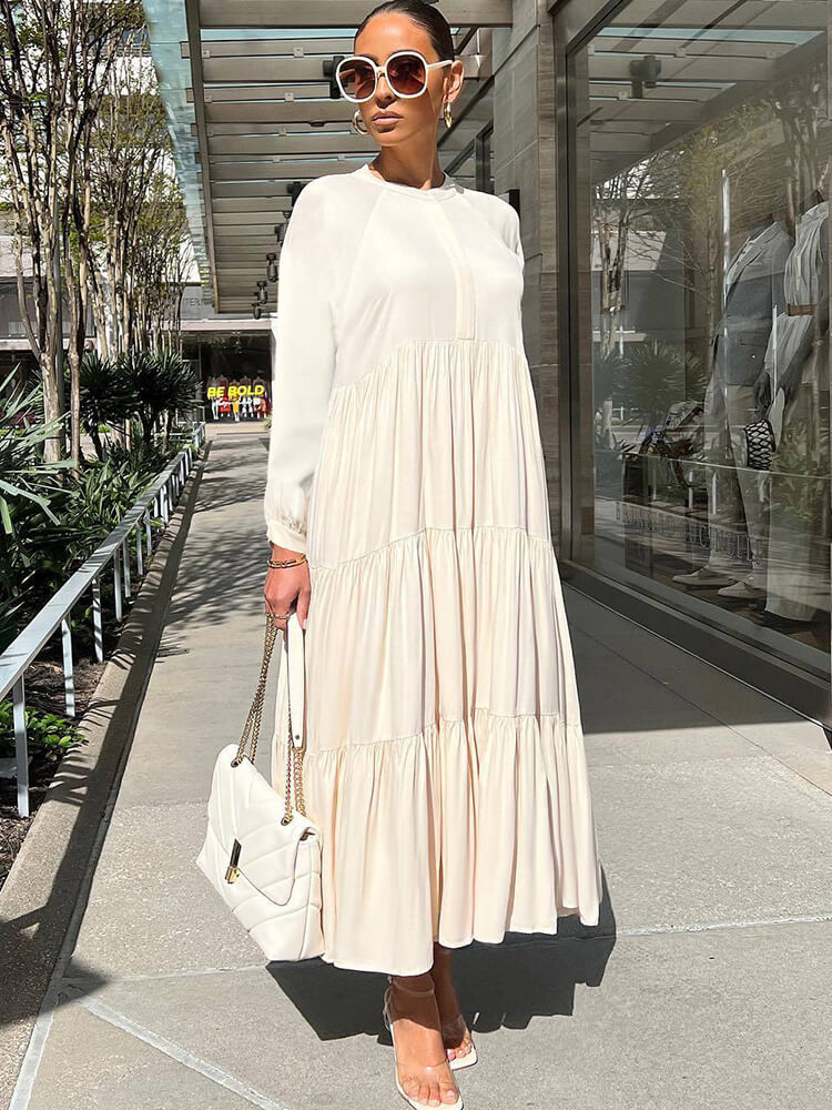 Long Sleeve Solid Ruffle Swing Maxi Dress