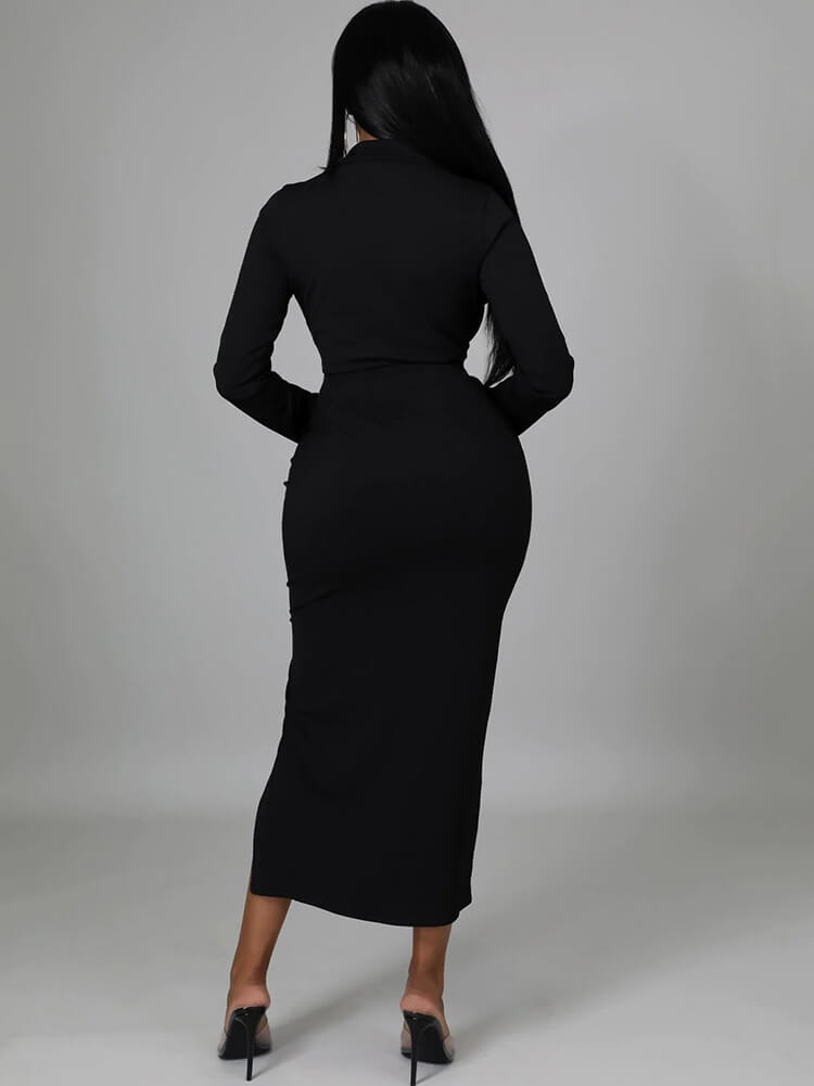 Long Sleeve V Neck Split Midi Dress