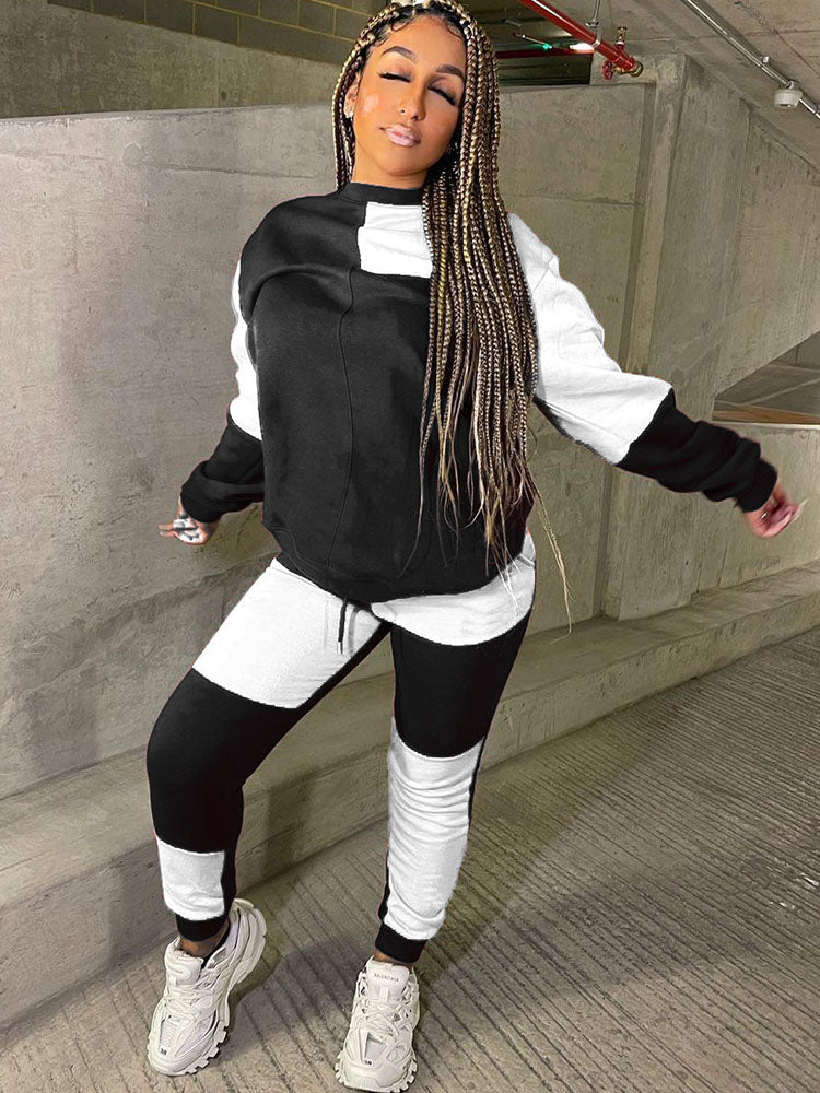 Two Piece Color Block Fleece Pullover Long Pants