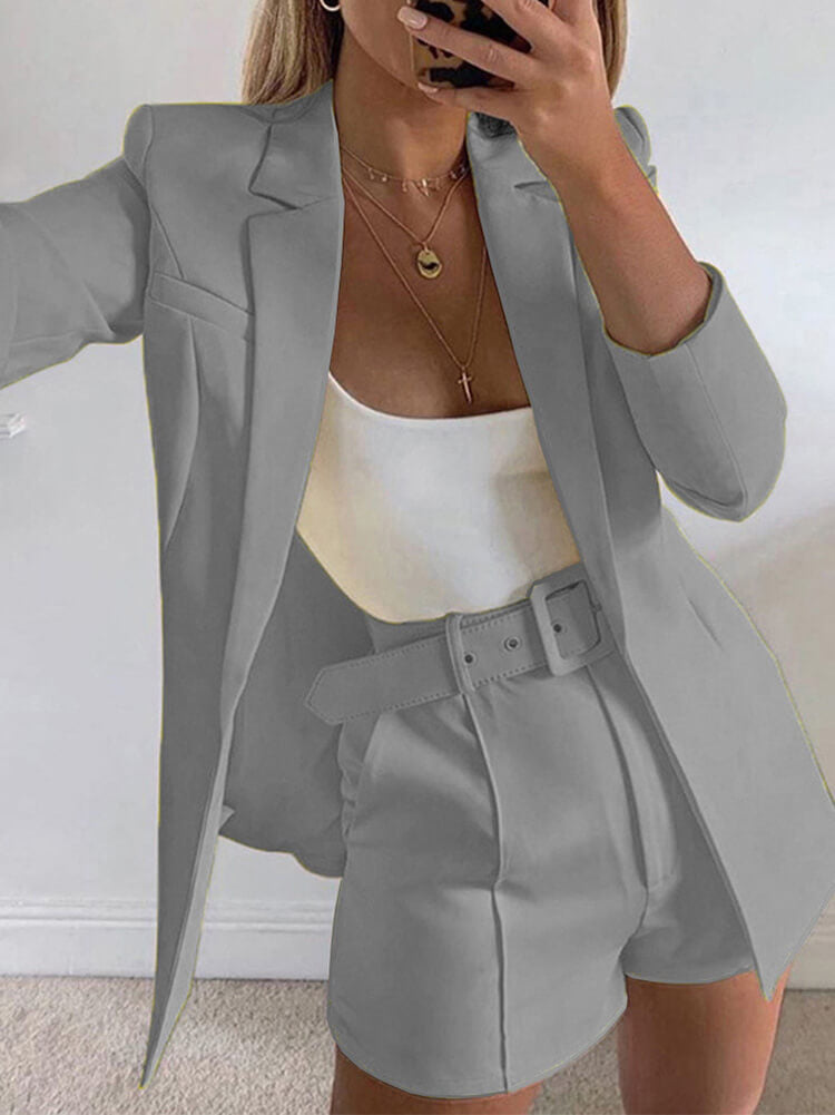 Two Piece Office Long Sleeve Solid Shorts Sets
