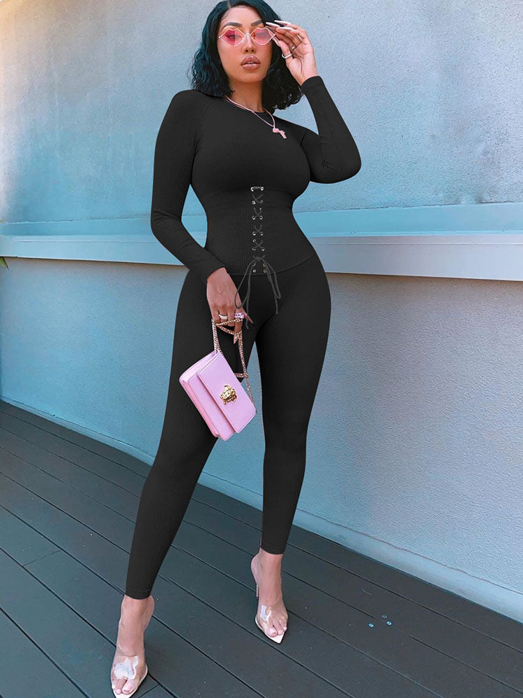 Long Sleeves Color Block Tie Up Jumpsuit
