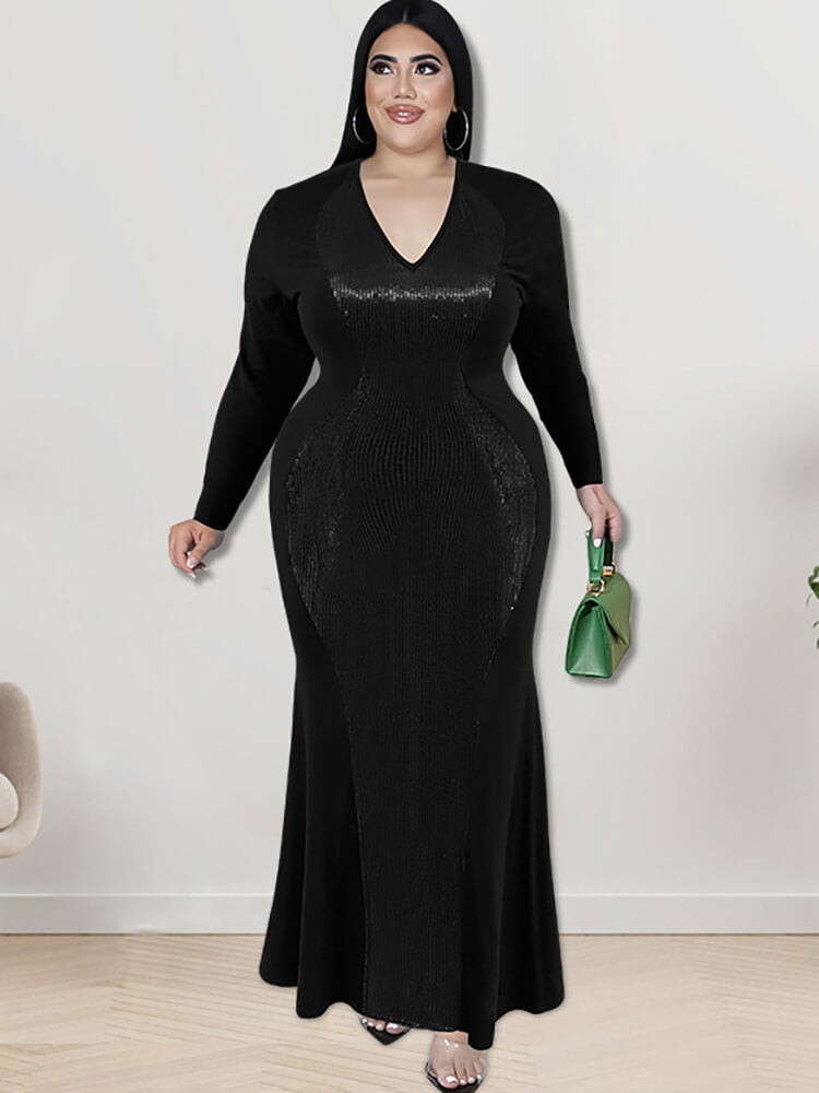 Long Sleeve Sequin Patchwork Maxi Dress