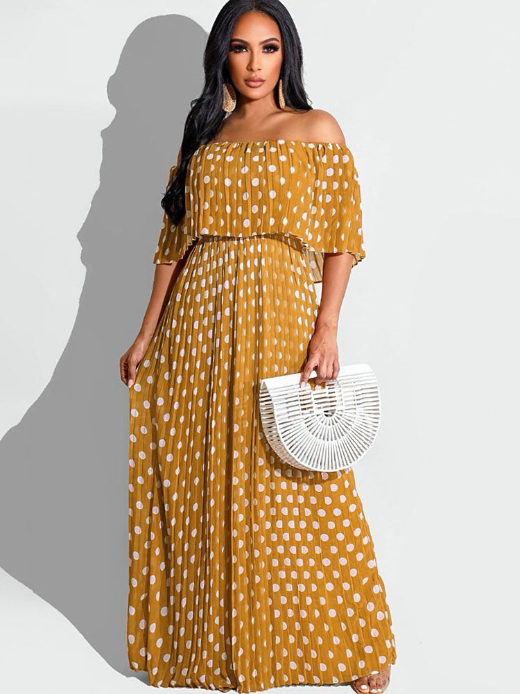 Chiffon Off Shoulder Polka Dot Maxi Dress