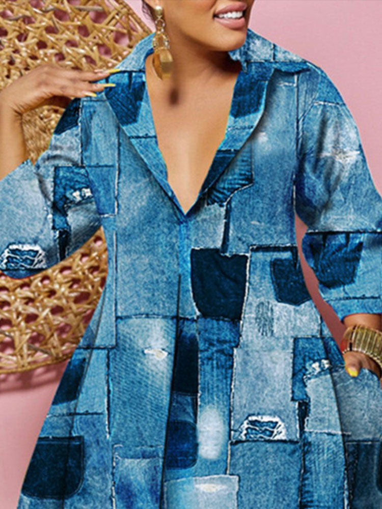 Long Sleeves V Neck Print Midi Dress