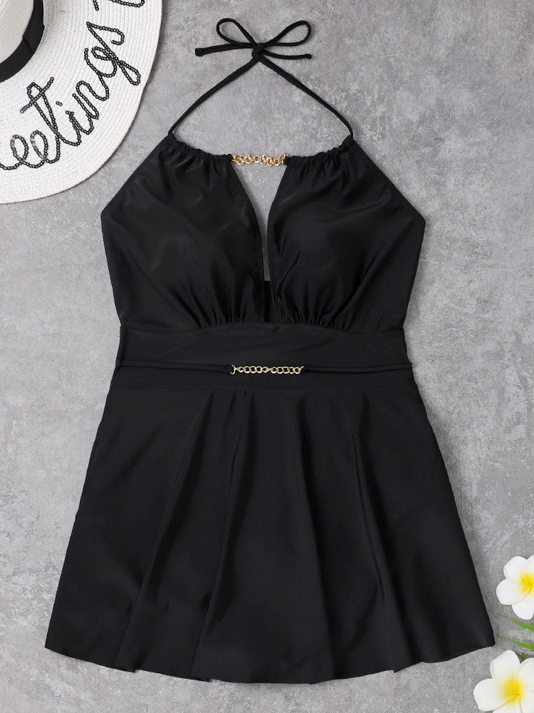 Plus Size Halter Chian Backless Swimsuit